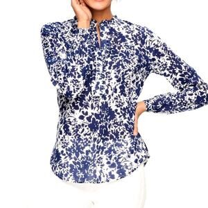 Talbots Blue White Floral Ruffle Collar Long Sleeve Blouse Relaxed Fit Size L